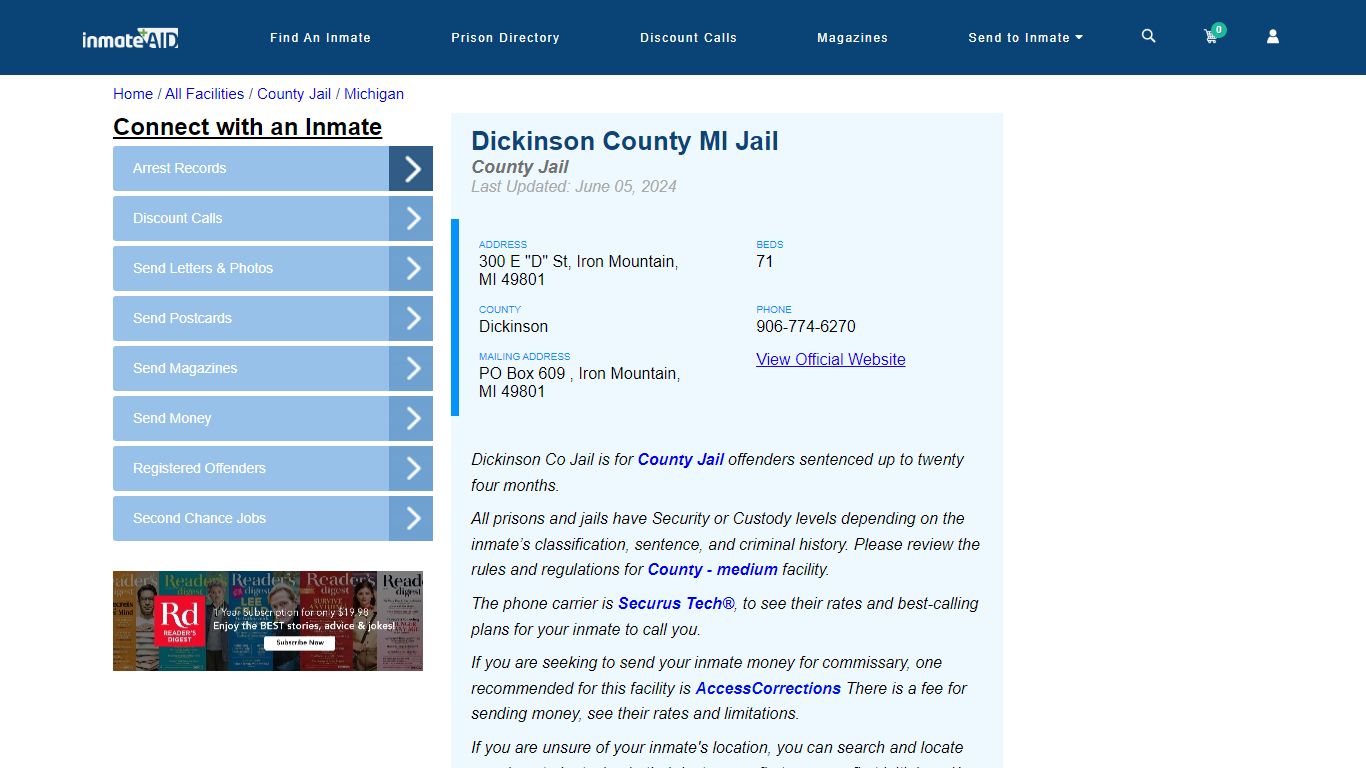 Dickinson County MI Jail - Inmate Locator